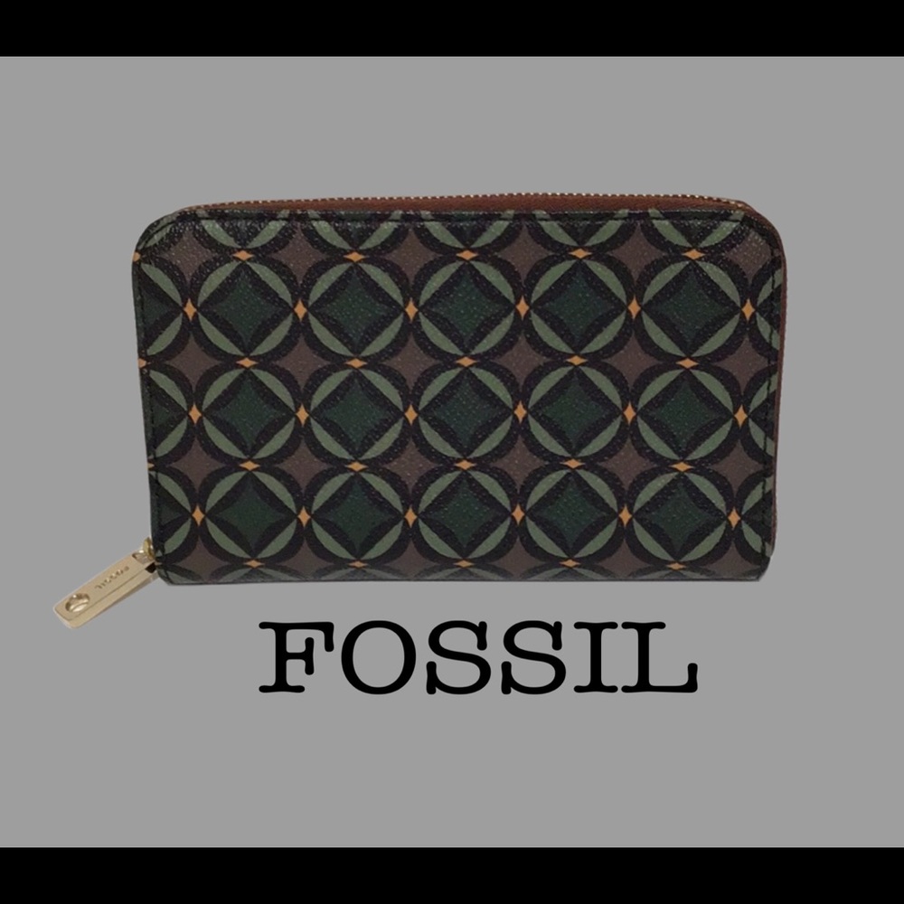 New‎ Fossil Wallet with Leather Interior, Textured, Boho, Green & Brown